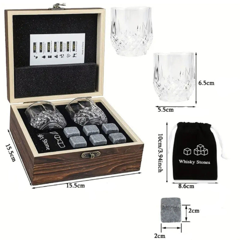 Elegantní whiskey sada – sklenice a chladicí kostky v dřevěném boxu