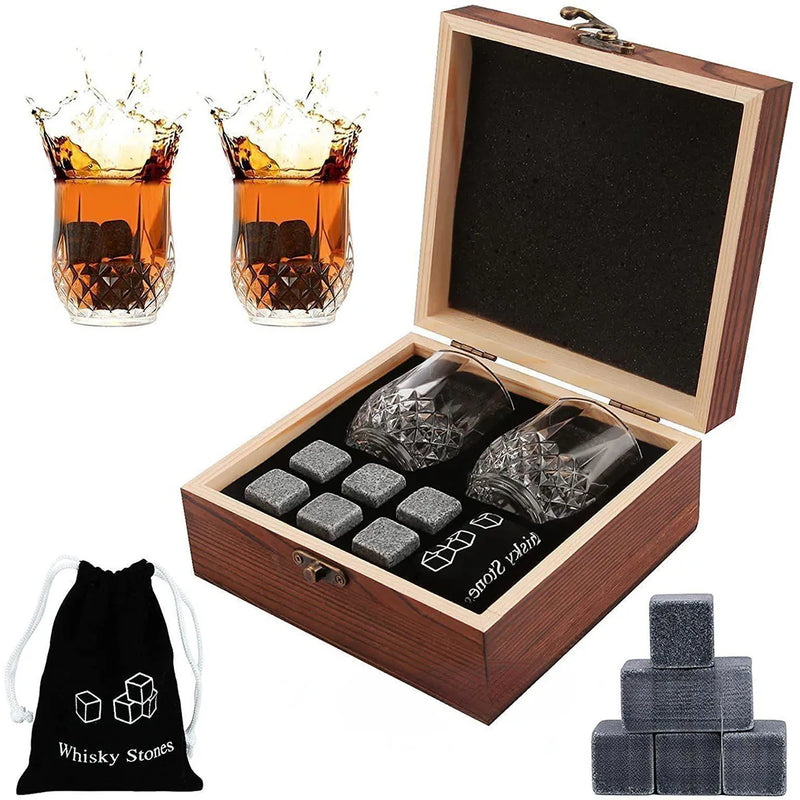 Elegantní whiskey sada – sklenice a chladicí kostky v dřevěném boxu
